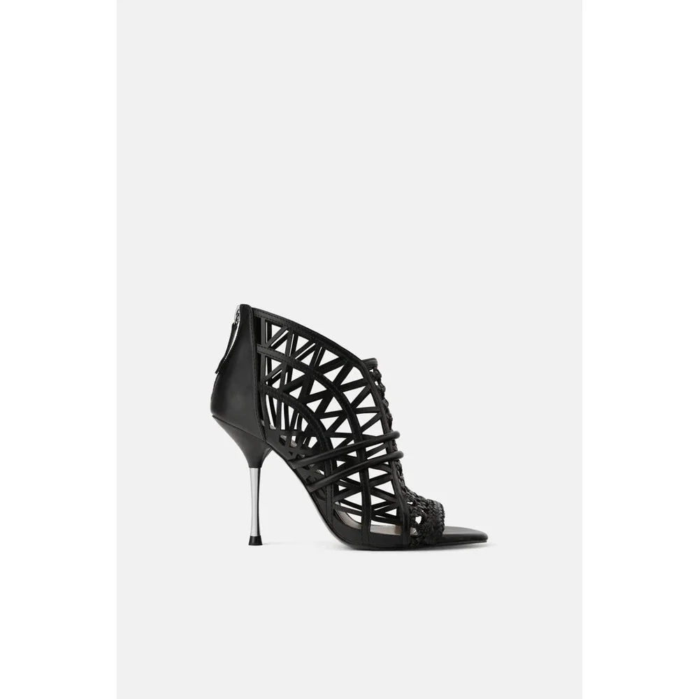Zara Black Cage Cutout Woven Geometric Stiletto Heel Sandals 38 7.5 NEW - Picture 2 of 14